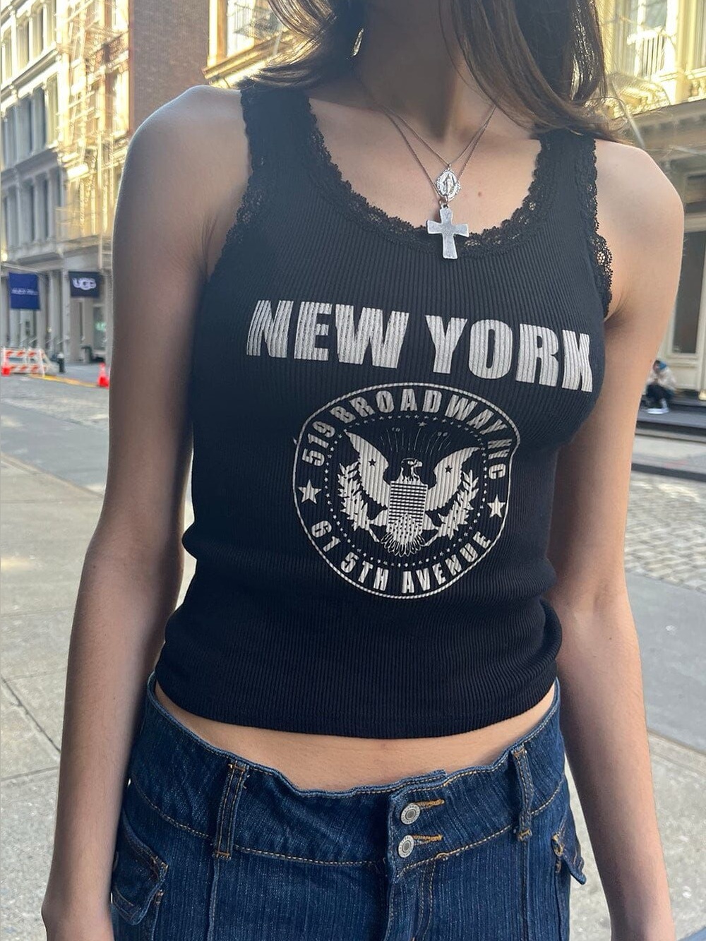 Brandy Melville J. Galt Ronnie New York Lace Trim Crop Ribbed Tank Top Black S